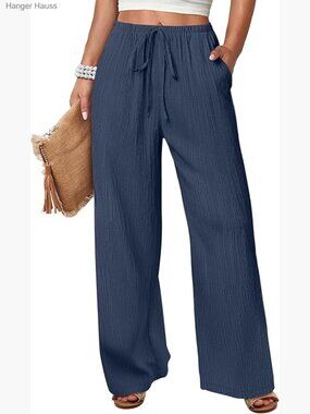 Wide Leg Palazzo Pants Elastic Waist Lightweight Flowy Lounge Trousers with